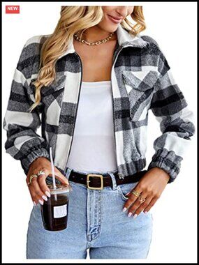 Cropped Plaid Flannel Zip Up Shacket with Pockets